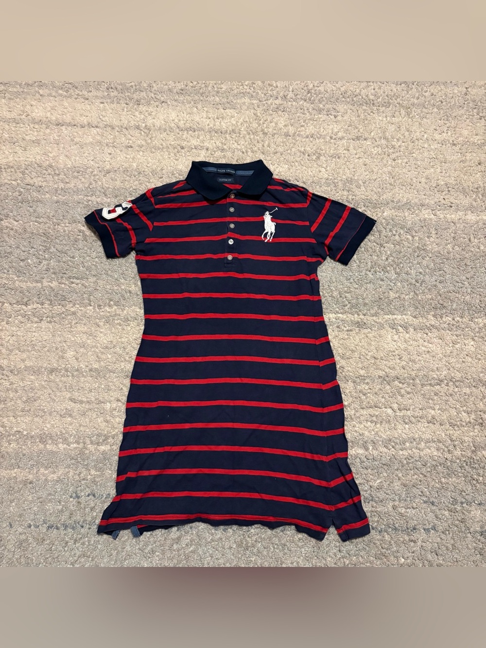Ralph Lauren Big Pony Striped Polo Dress Navy Red Custom Fit Sz Small / Medium